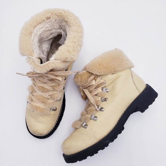 J. Crew Leather Shearling Lug Sole Nordic Ankle Hiker Boot Soft YellowCol Size 9 - Picture 1 of 10